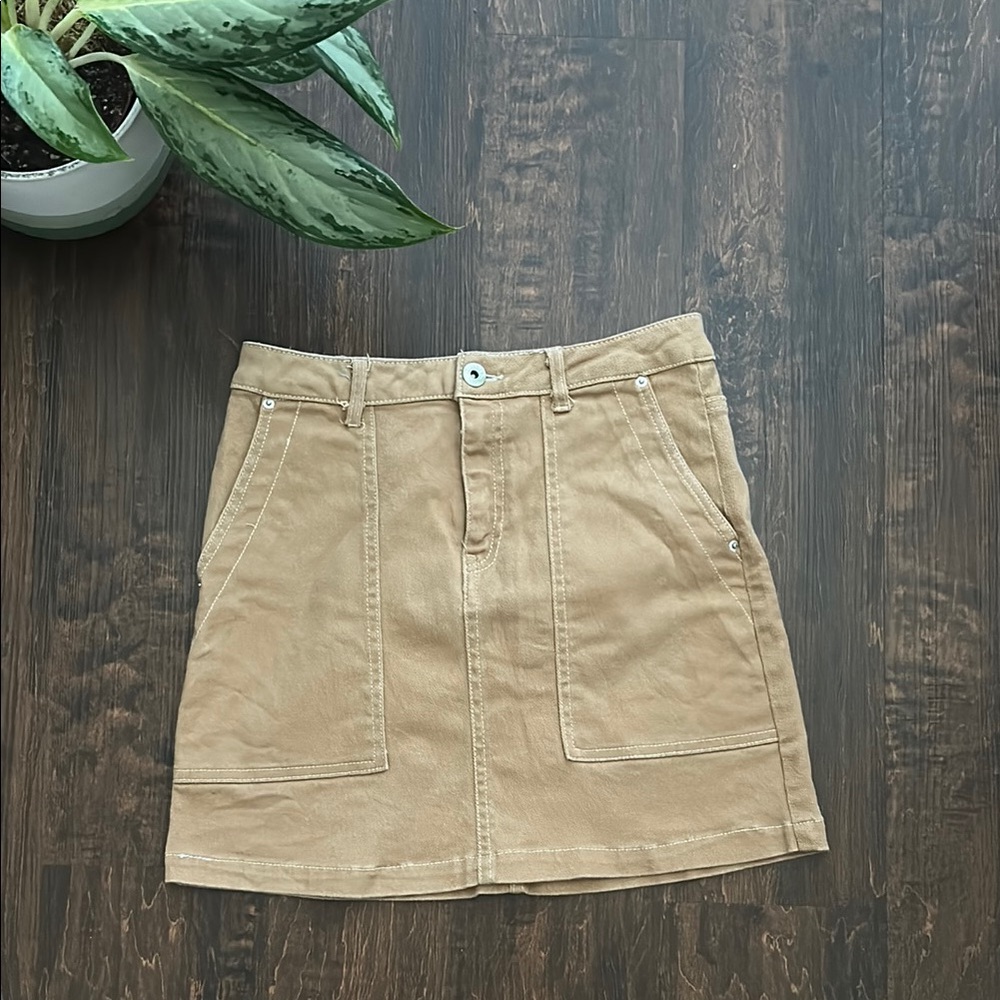 Tan Denim Mini Skirt with Pockets